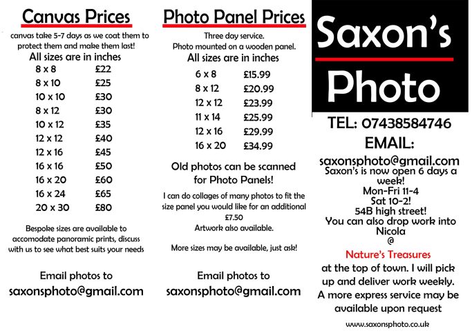 Price list for canvas and photo panel services at Saxon's Photo, including contact details.